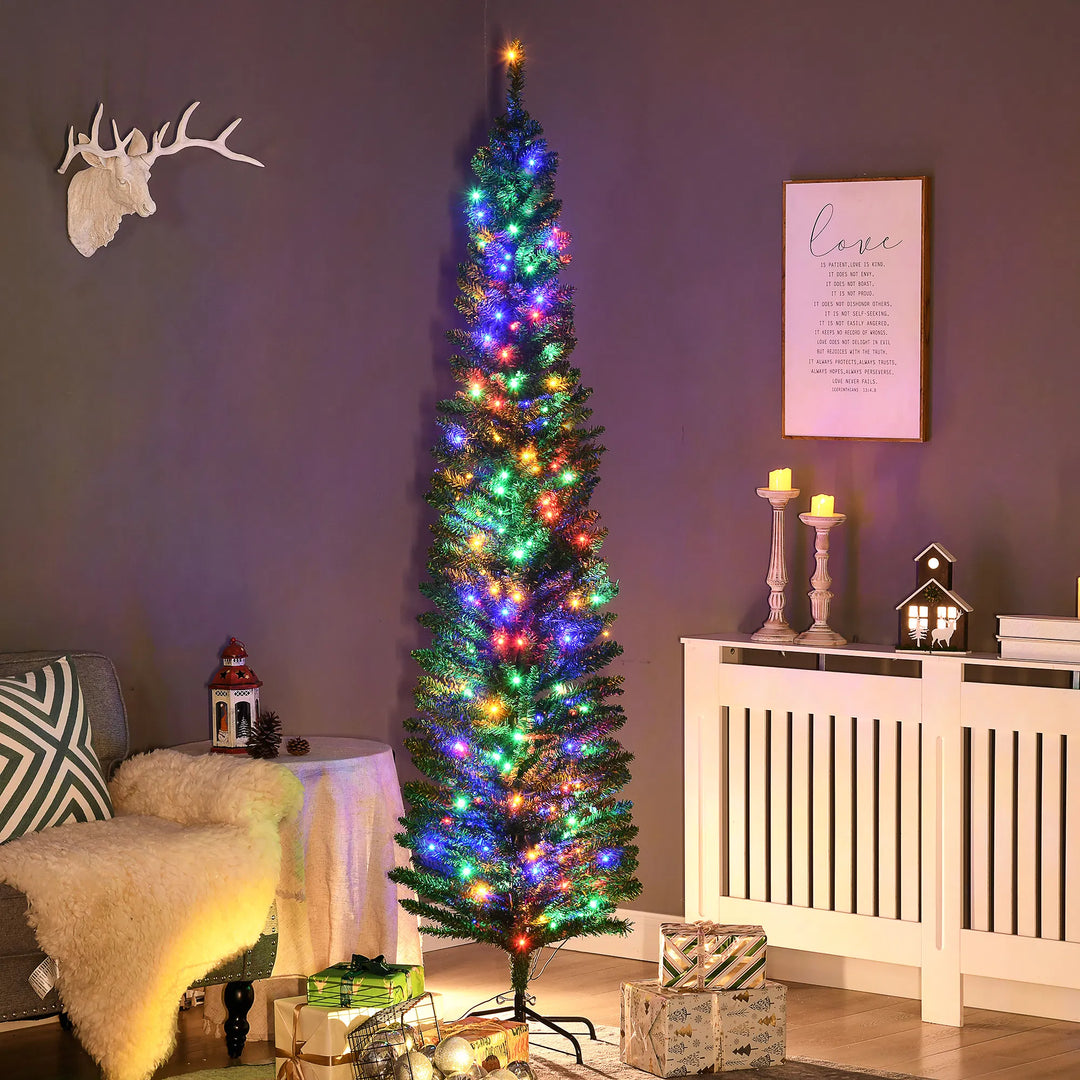 Groene smalle kerstboom met gekleurde lichtjes