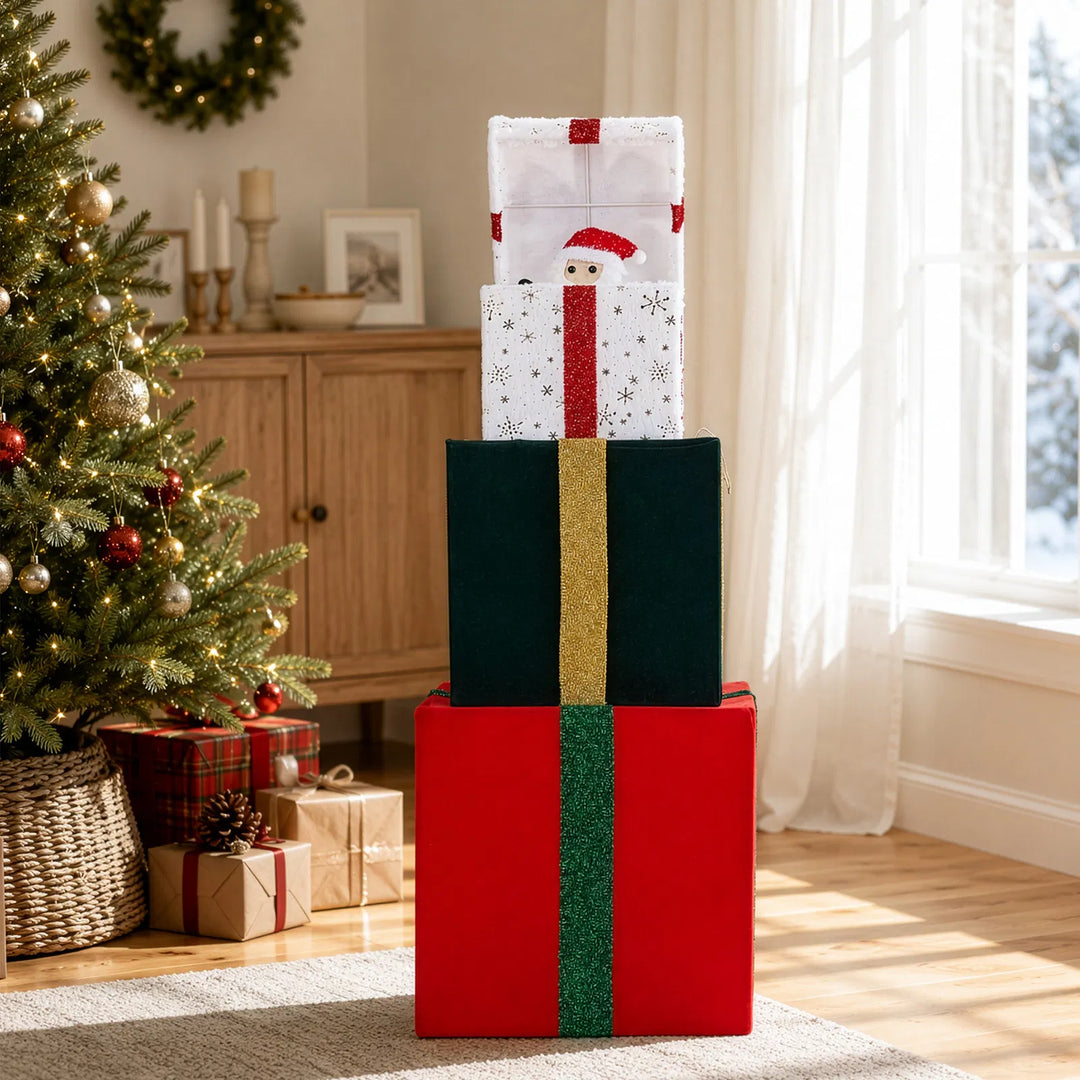 Bewegende toren van verlichte kerstcadeaus