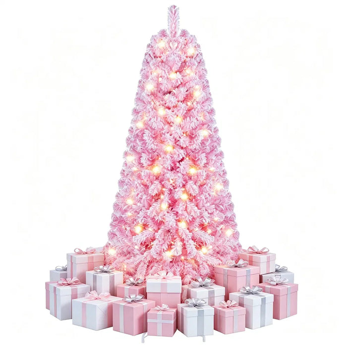 Hollevo Kleine roze besneeuwde kerstboom 152 cm met 160 leds