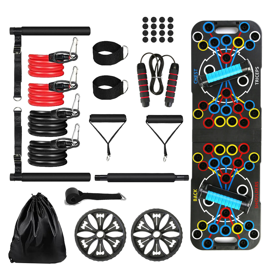 Push-up board set met pilatesstang en buikwielen
