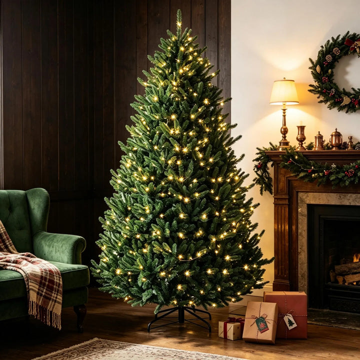 Volle kerstboom met gekleurde en warme lampjes
