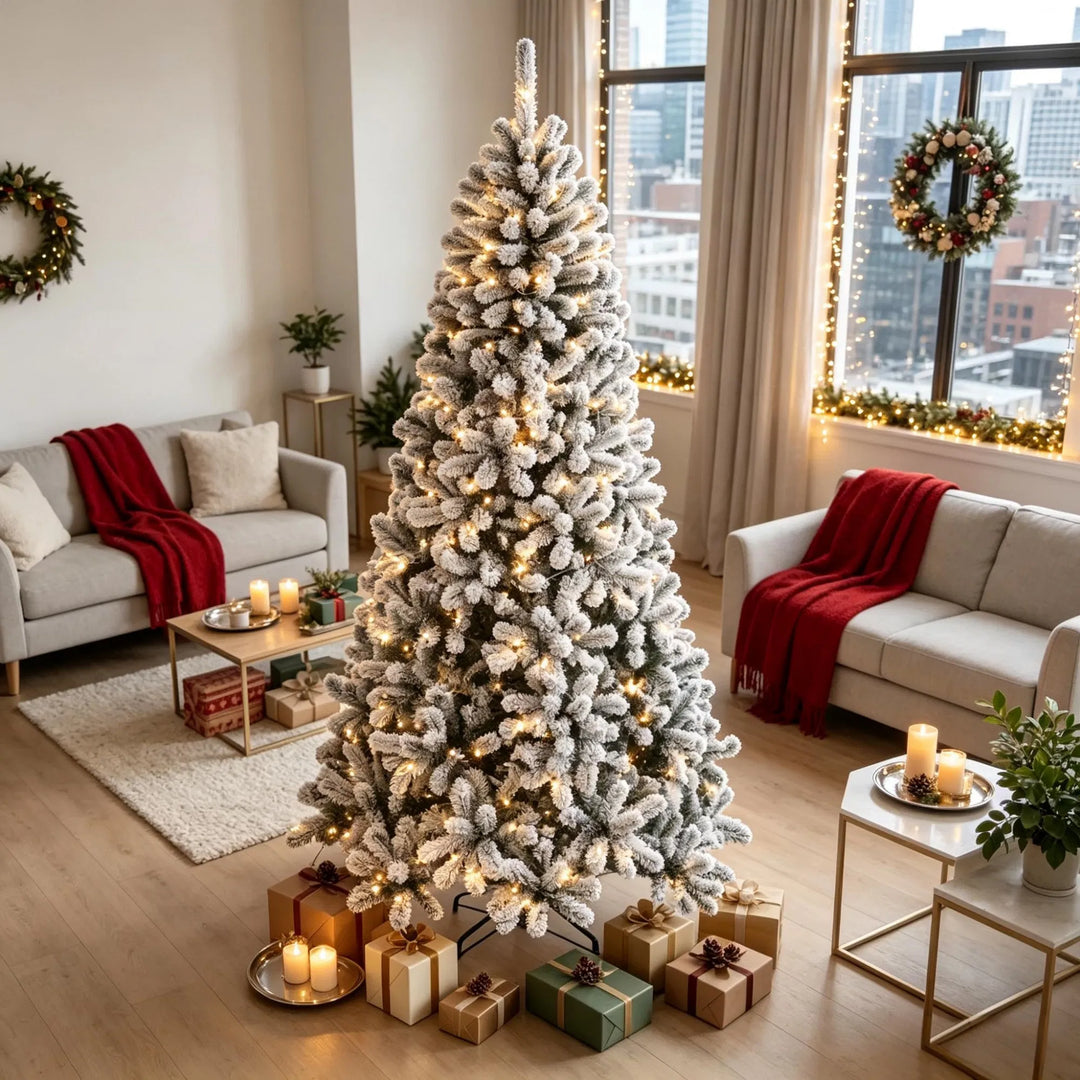 Besneeuwde Northern pine kerstboom met lichtjes