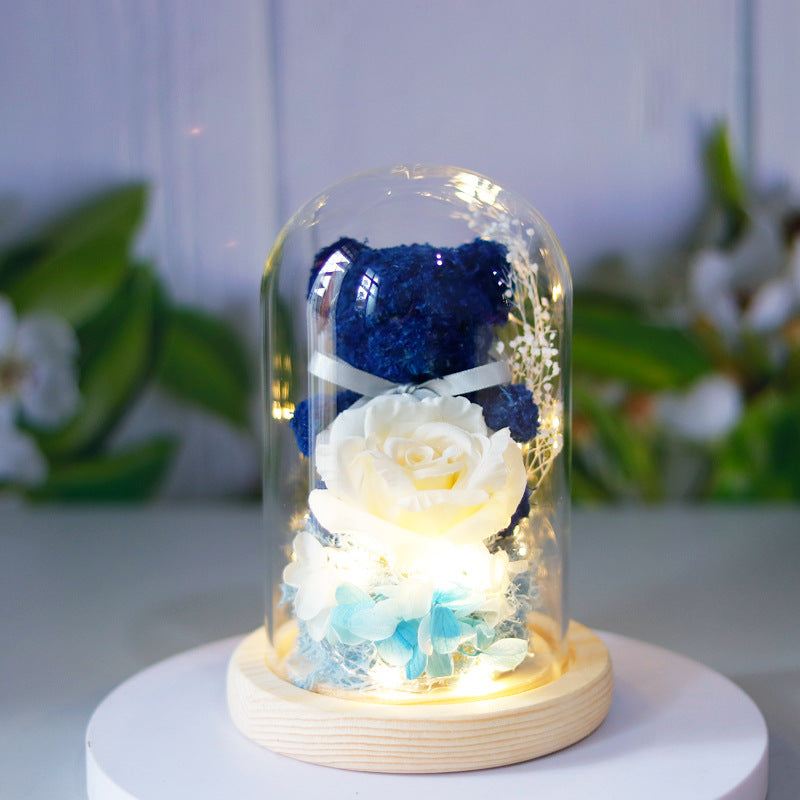 Eeuwige roos met teddybeer in glazen stolp en led-licht