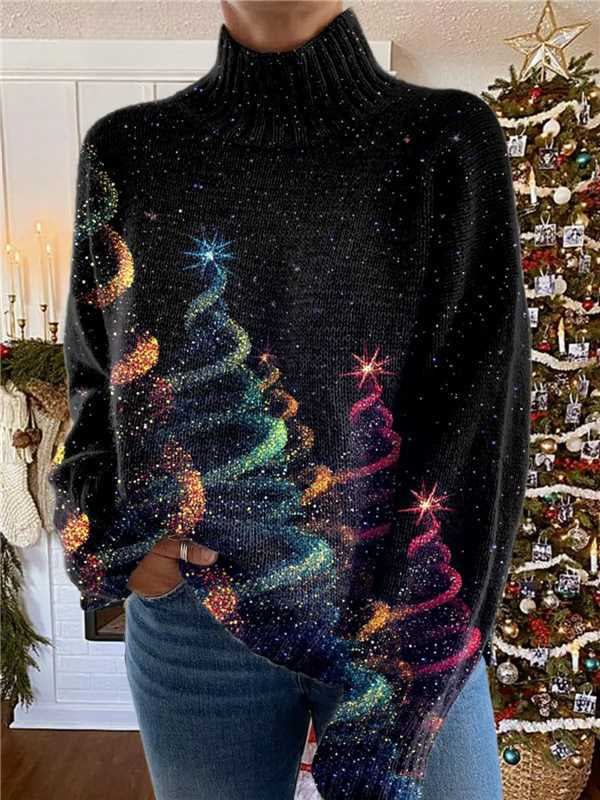 Vrouw in losse coltrui met print