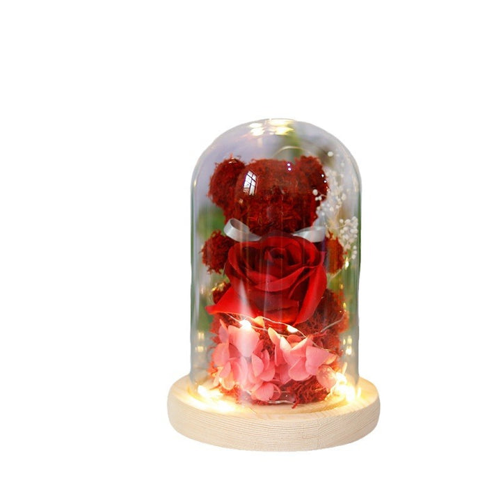 Eeuwige roos met teddybeer in glazen stolp en led-licht