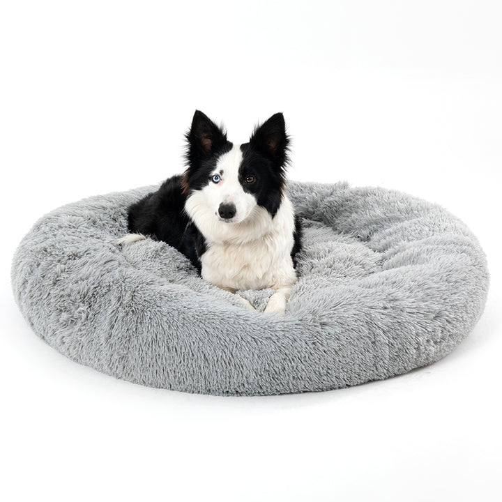 Hond ligt opgerold in een grijze donutmand