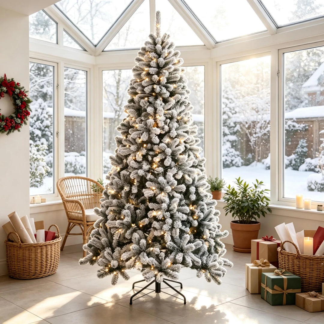 Besneeuwde Northern pine kerstboom met lichtjes