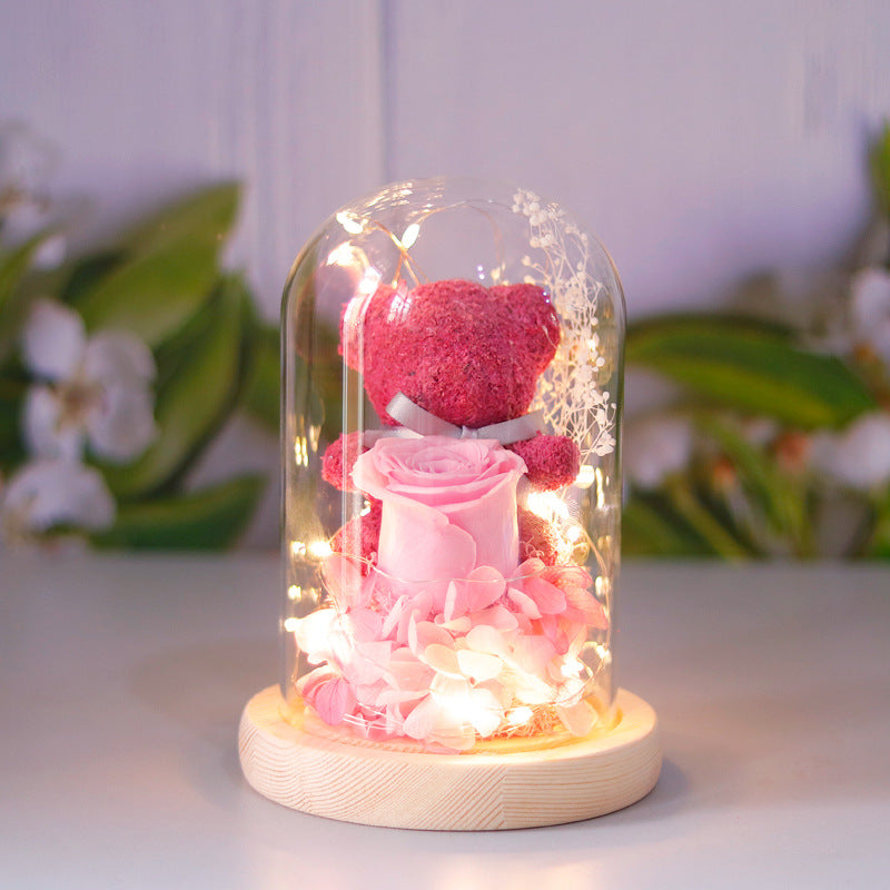 Eeuwige roos met teddybeer in glazen stolp en led-licht