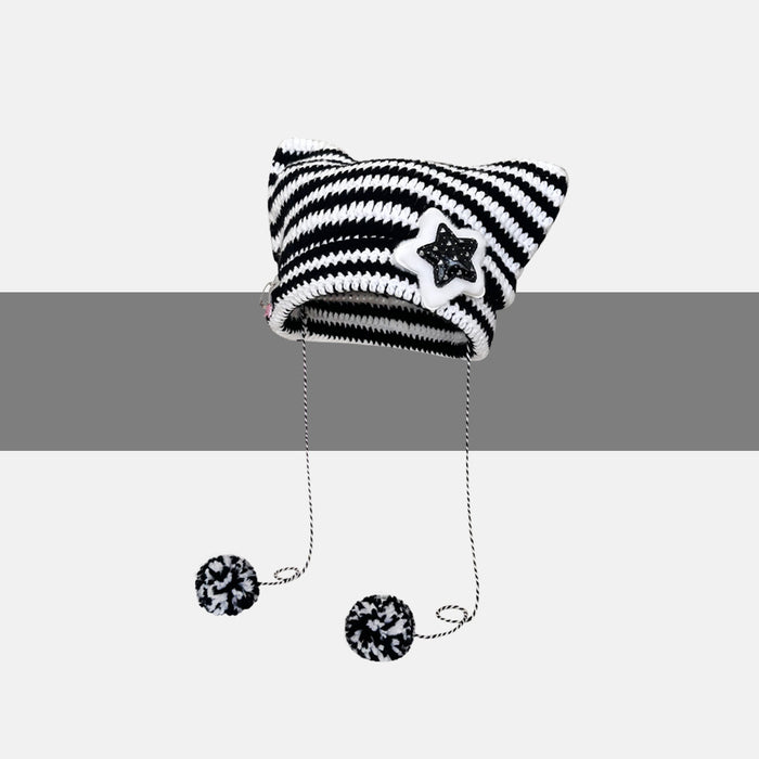 Hollevo Gestreepte beanie met kattenoortjes en ster of pompons