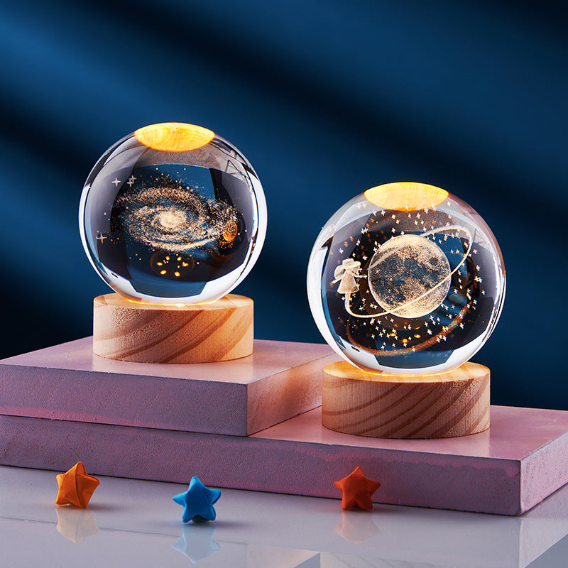 Kristallen bol met 3D-zonnestelsel, los of met lichtgevende voet