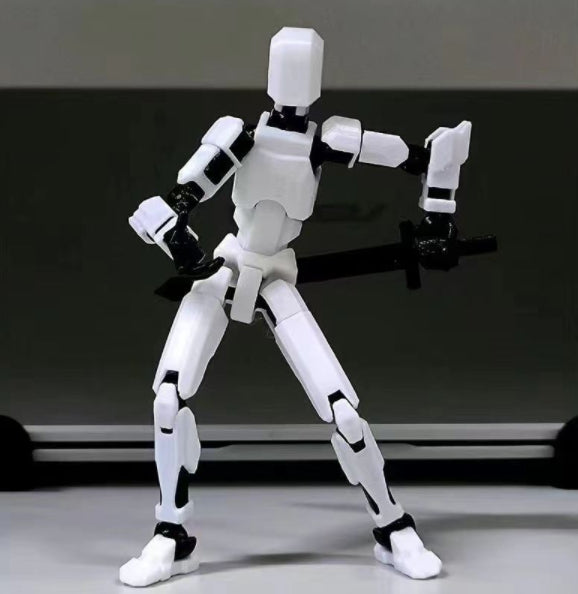 Oranje 3D-geprinte robotfiguur in actiehouding