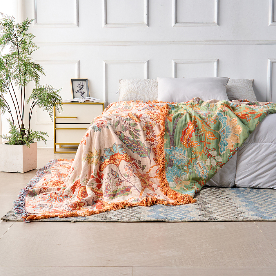 Katoenen boho plaid met bloemenprint en franjes