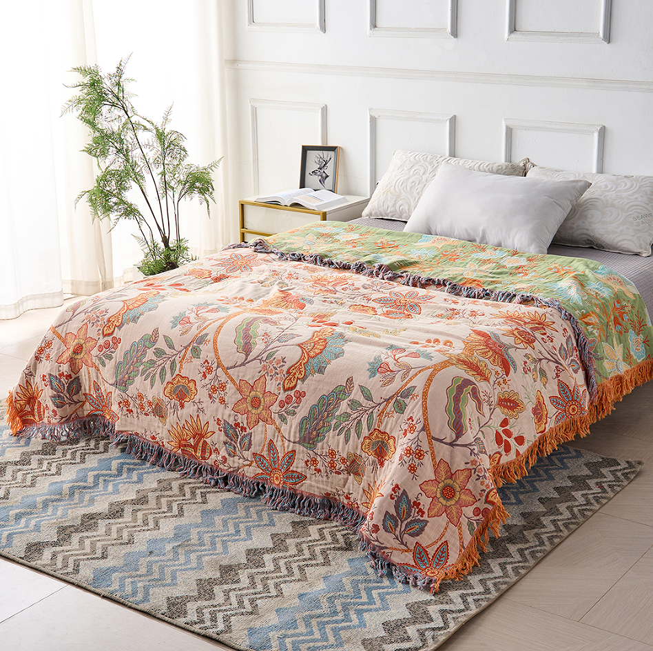 Katoenen boho plaid met bloemenprint en franjes