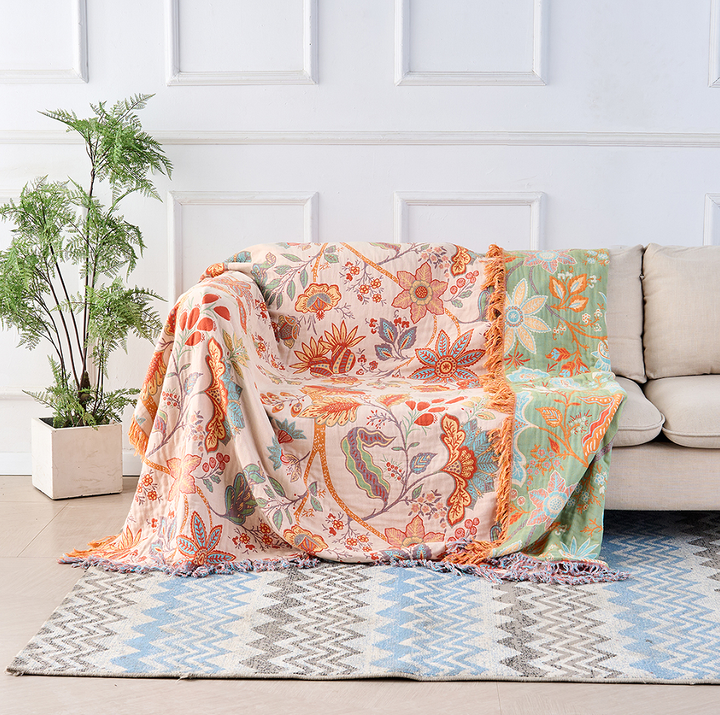 Katoenen boho plaid met bloemenprint en franjes