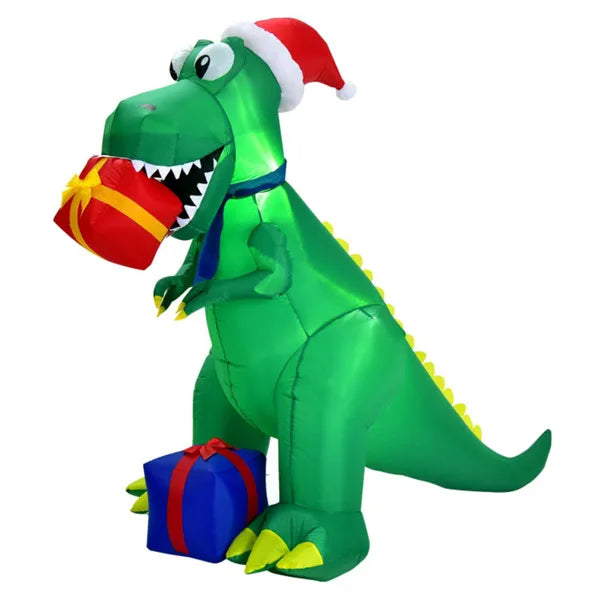 Opblaasbare T-rex met kerstmuts en cadeaus