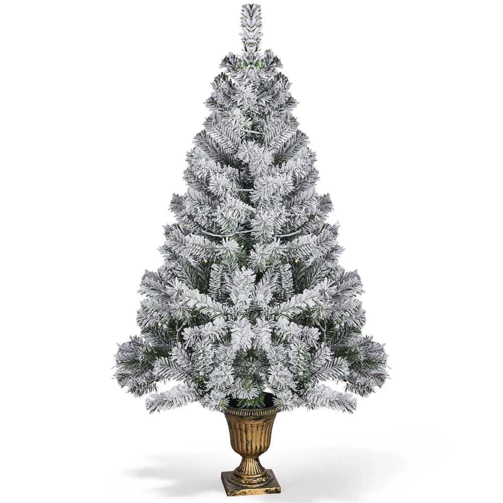 Kleine besneeuwde kerstboom in pot
