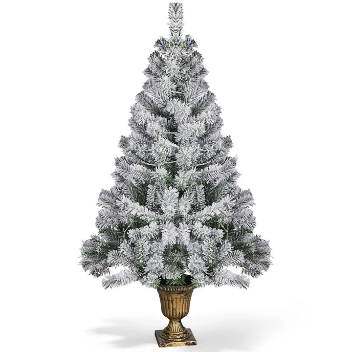 Kleine besneeuwde kerstboom in pot
