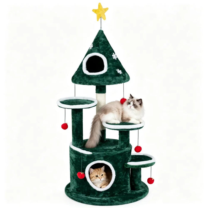 Hollevo Kattenboom met kerstthema 127 cm met 6 belletjesballen
