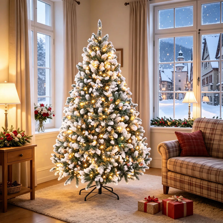 Volle kerstboom met witte puntjes en lichtjes