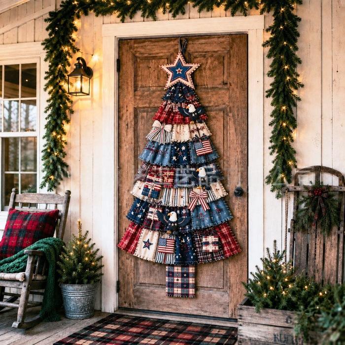 Kerstboom deurhanger met patchworkprint