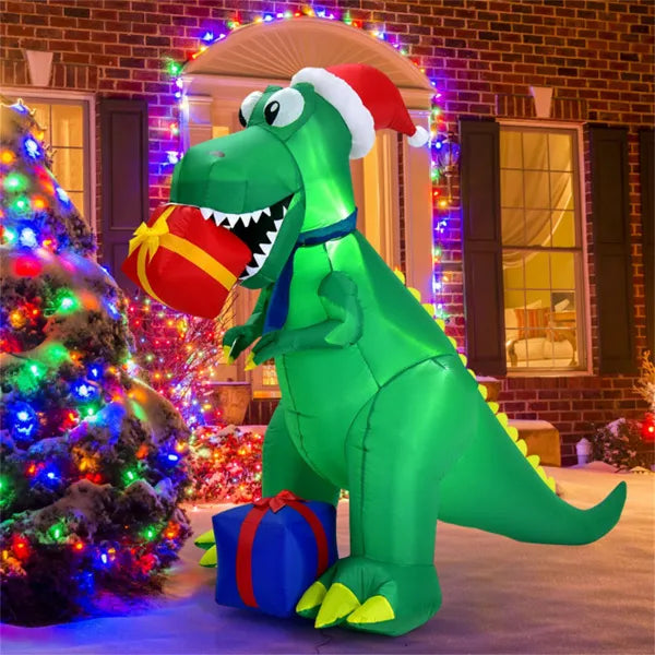 Opblaasbare T-rex met kerstmuts en cadeaus