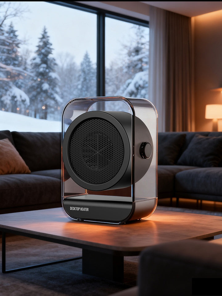 Doorzichtige mini ventilatorkachel op een bureau