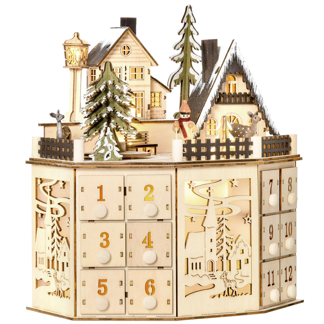 Houten verlichte adventskalender kerstdorp