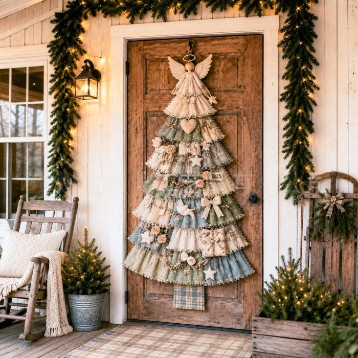 Kerstboom deurhanger met patchworkprint