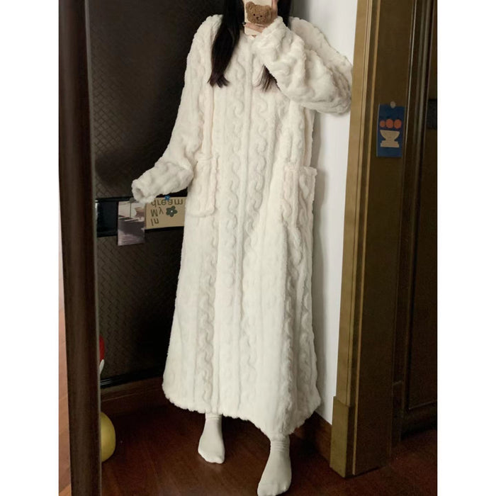 Hollevo Lange nachtjapon van coral fleece met zakken
