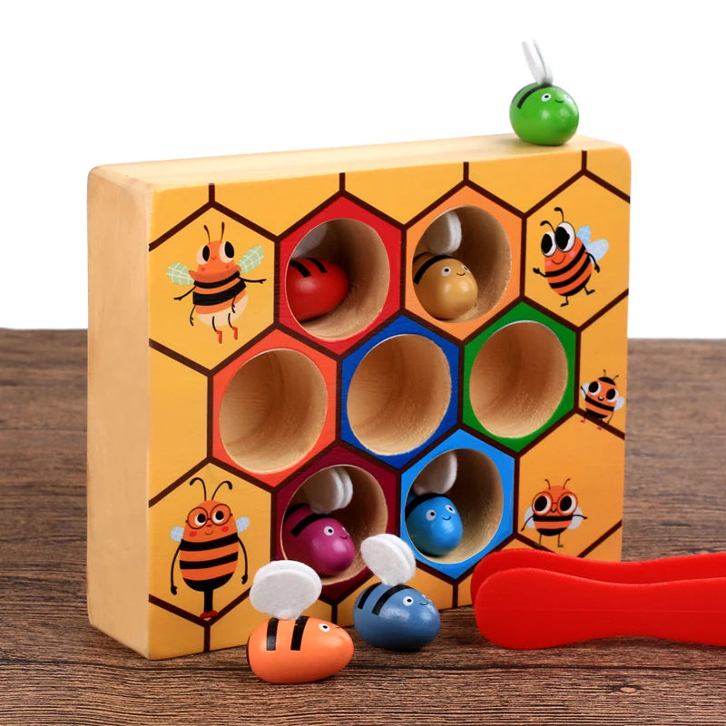 Houten Montessori bijenkorf – kleuren sorteren met pincet voor peuters