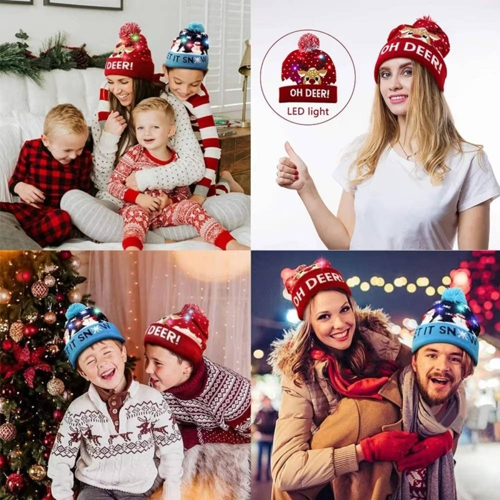 Hollevo™ Lichtgevende gebreide kerstmuts met pompon en ledlampjes