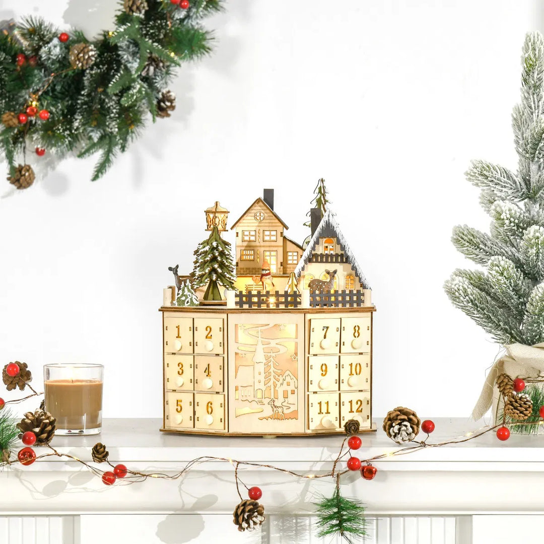 Houten verlichte adventskalender kerstdorp