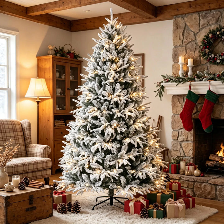 Volle besneeuwde kerstboom met warm licht