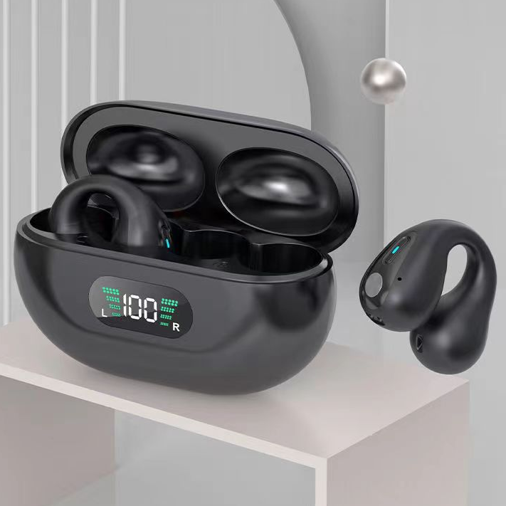 Zwarte open oordopjes met clip en oplaadcase