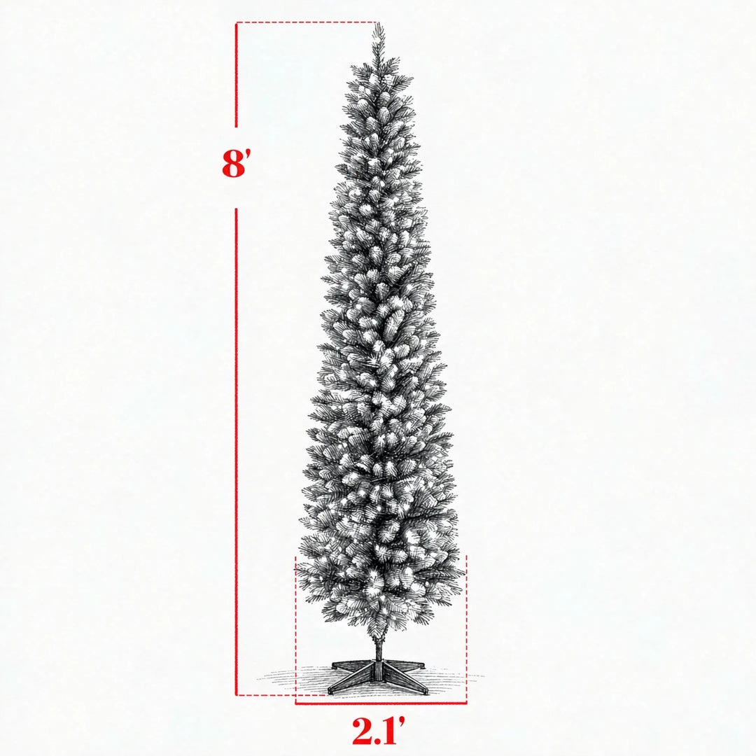 Hoge smalle kerstboom met witte puntjes