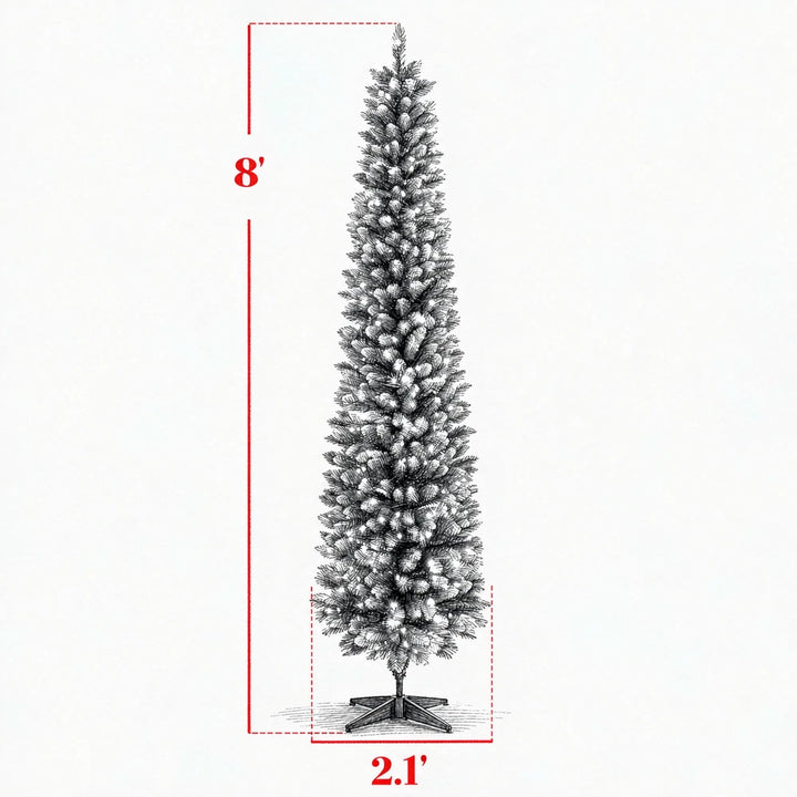Hoge smalle kerstboom met witte puntjes