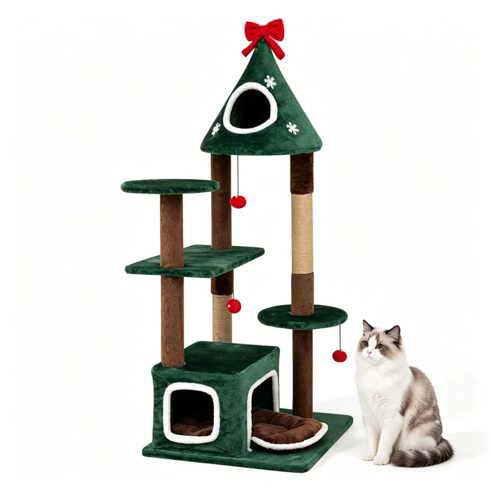 Hollevo Groene kerstkattenboom 137 cm met jute en belletjesballen