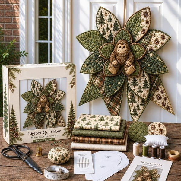 Grote patchwork kerstster met sneeuwpop aan deur