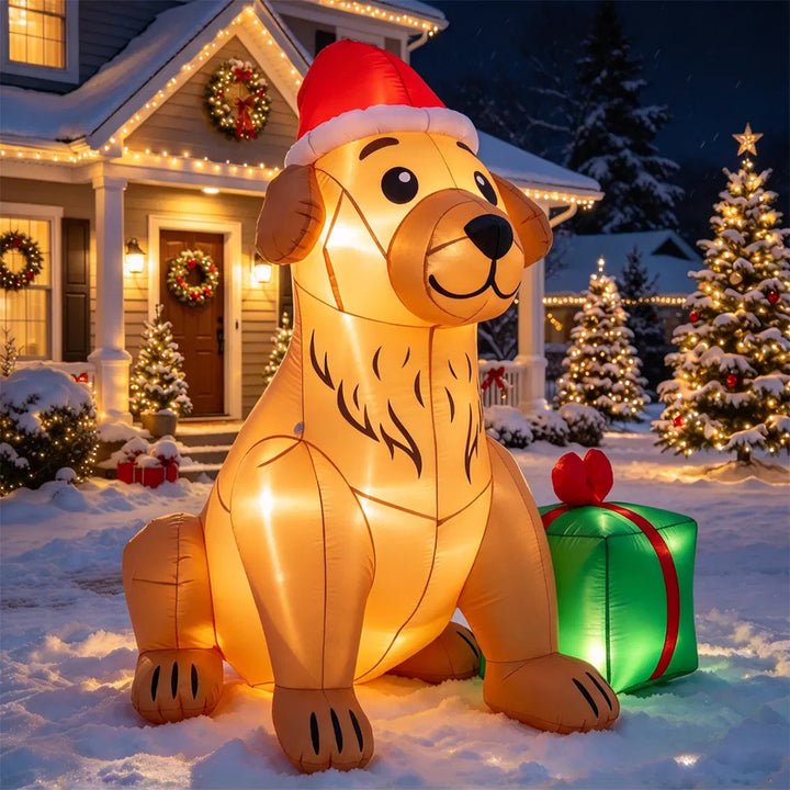 Opblaasbare hond met kerstmuts en cadeau