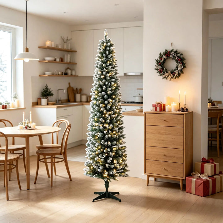Smalle kerstboom met witte puntjes en lichtjes