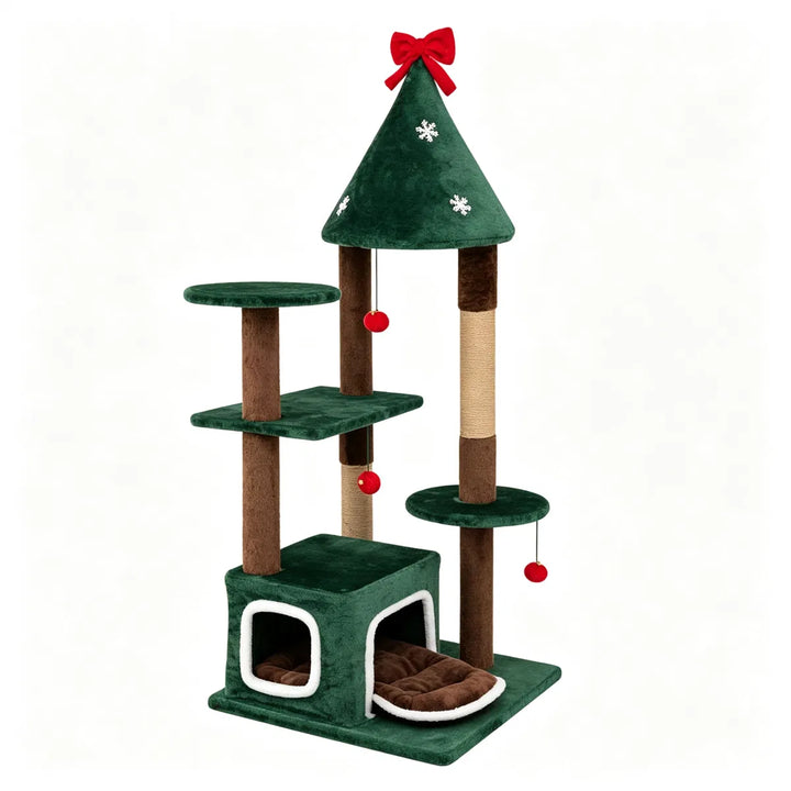 Groene kattenboom in kerststijl met belletjes