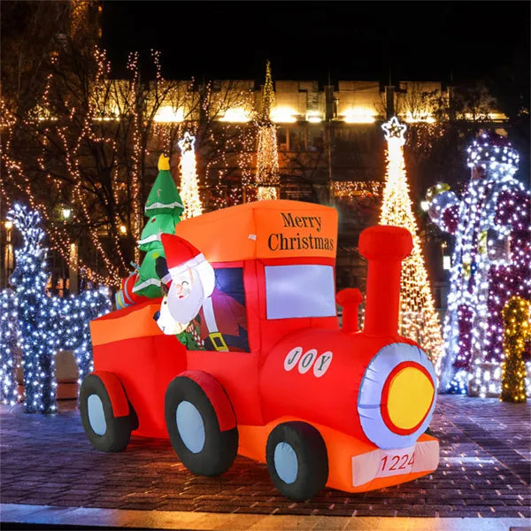 Opblaasbare kersttrein met kerstman en rendier