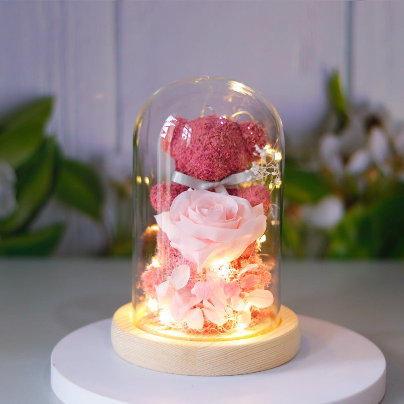 Eeuwige roos met teddybeer in glazen stolp en led-licht