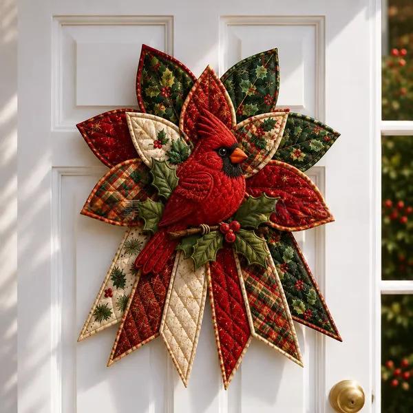 Grote patchwork kerstster met sneeuwpop aan deur