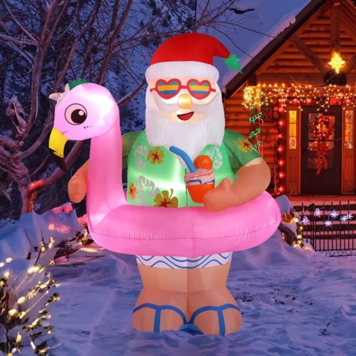 Hollevo Opblaasbare kerstman in Hawaïshirt op flamingo
