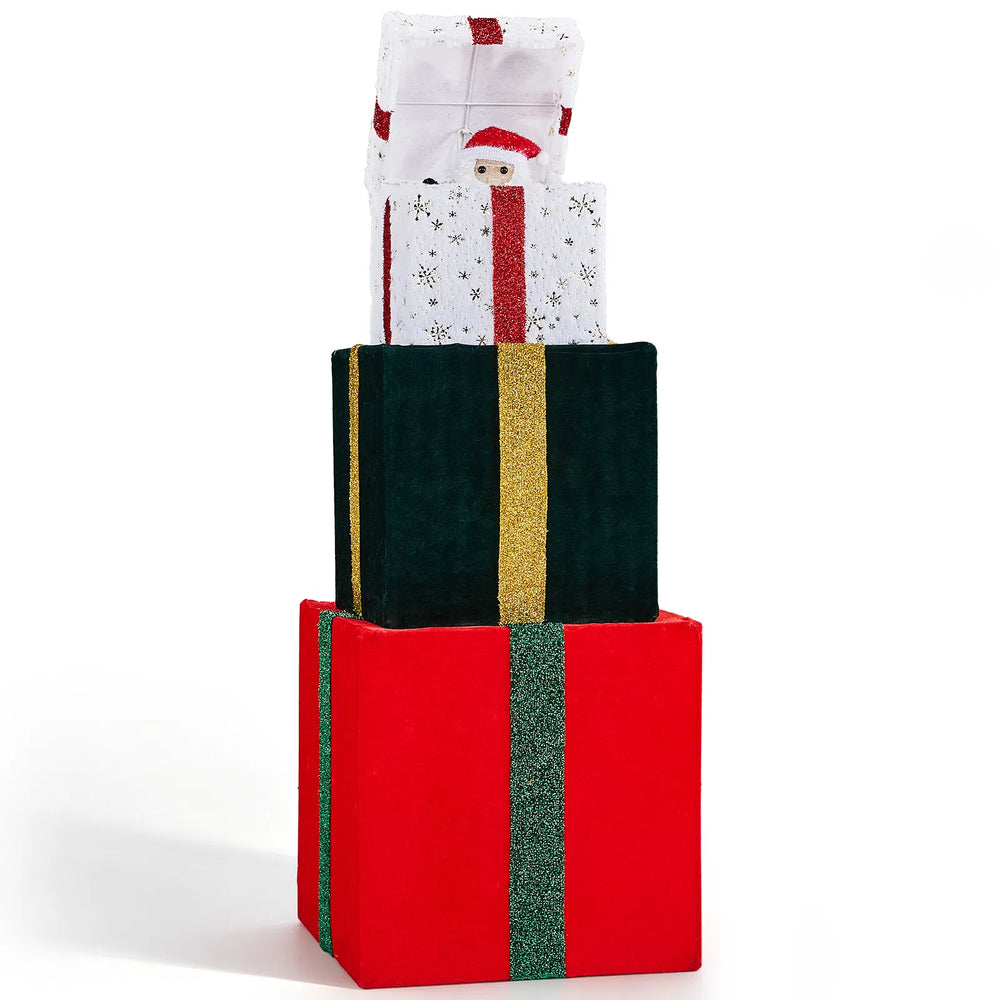 Bewegende toren van verlichte kerstcadeaus