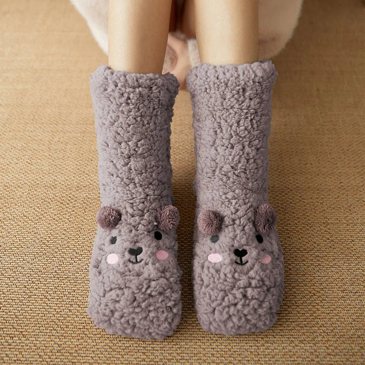 Fleece sokken met beertje en antislipzool