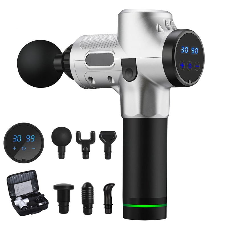 Massagegun met zes opzetstukken en LCD-touchscreen