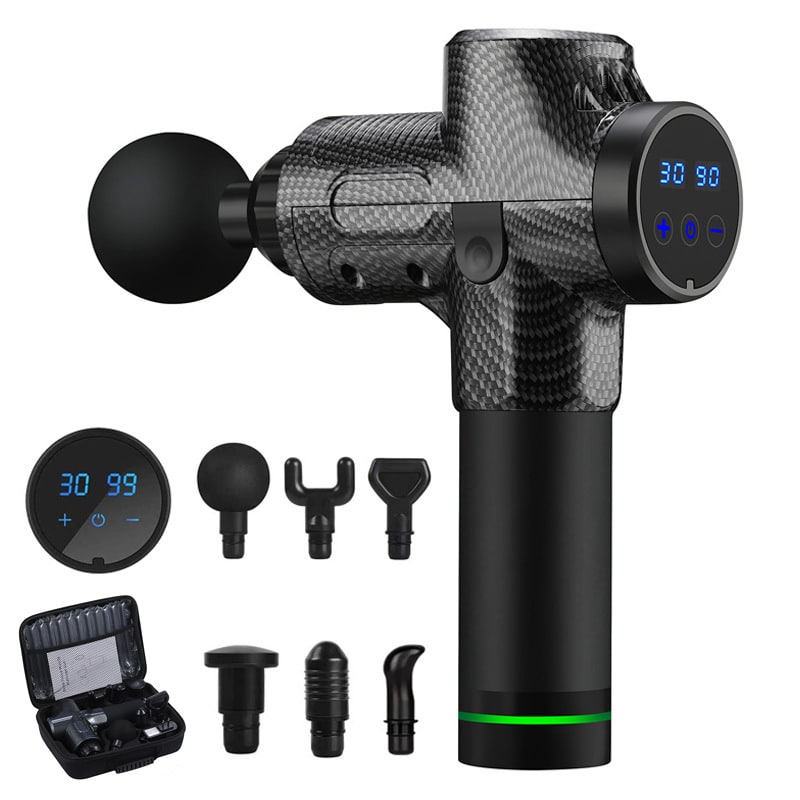 Massagegun met zes opzetstukken en LCD-touchscreen
