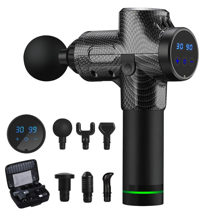 Massagegun met zes opzetstukken en LCD-touchscreen